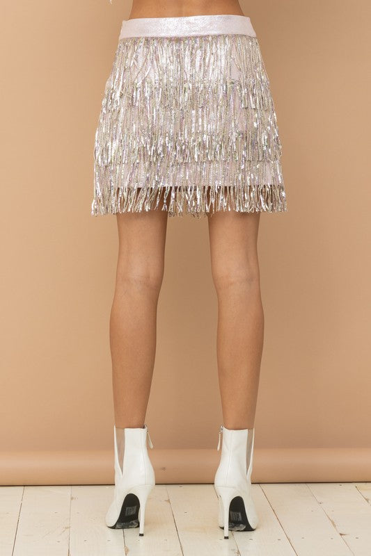 Unicorn Party Multi Sequin Tiered Mini Skirt in Pink Beige
