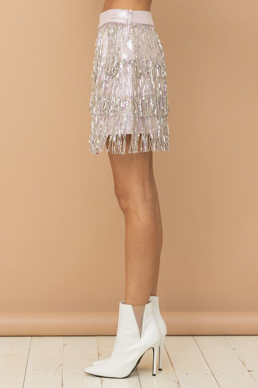 Unicorn Party Multi Sequin Tiered Mini Skirt in Pink Beige