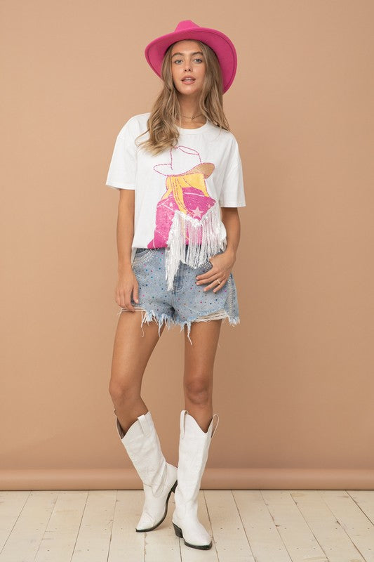 Doin' Cowgirl Things Sequin Fringe Graphic Tee in White
