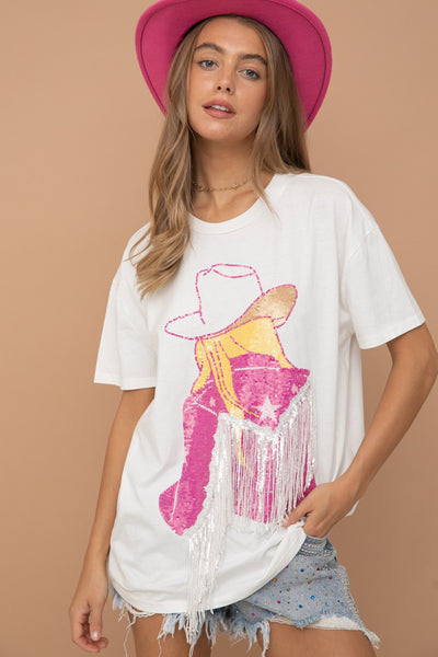 Doin' Cowgirl Things Sequin Fringe Graphic Tee in White