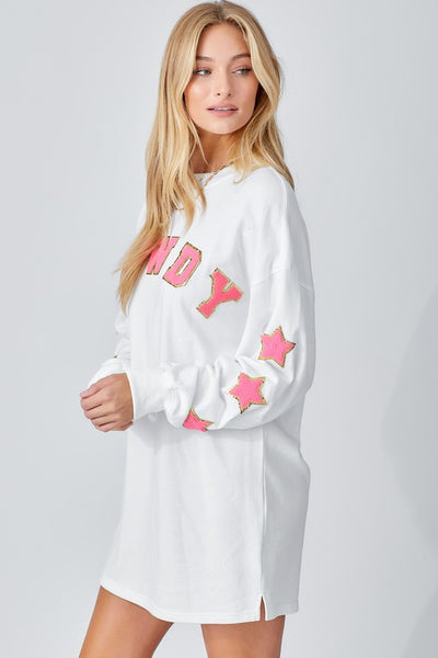 Howdy Crewneck Dress with Letter Patches in Ivory