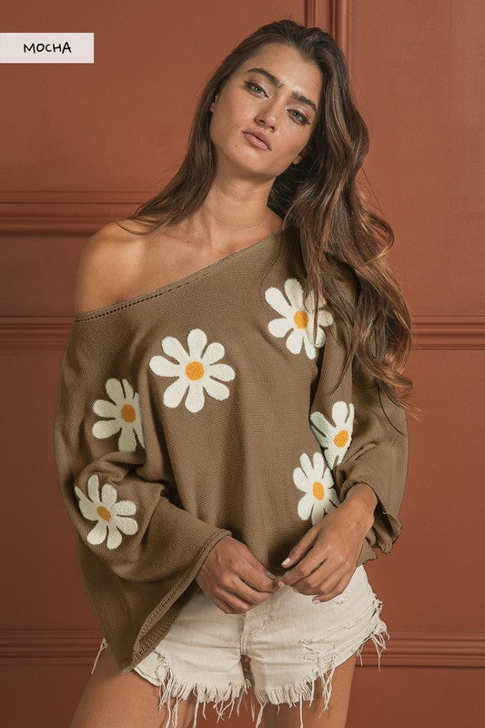 Daisy Daze Floral Embroidery Loose Fit Knit Top in Mocha