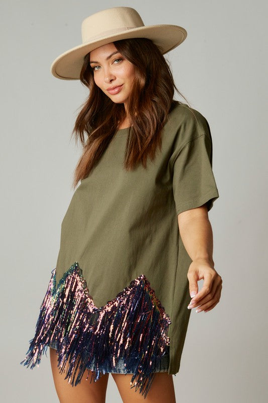 Here for the Fringe Chevron Sequin Top in Olive