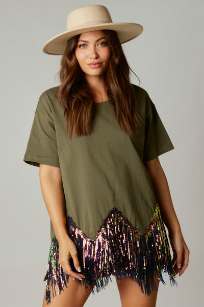 Here for the Fringe Chevron Sequin Top in Olive