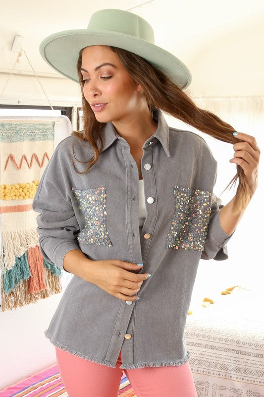 Cowgirl State of Mind Sequin Shacket in Grey