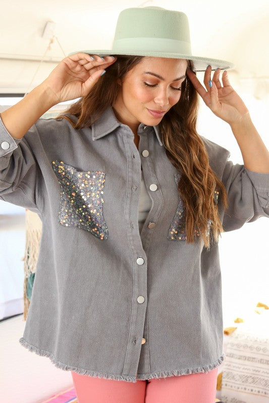 Cowgirl State of Mind Sequin Shacket in Grey