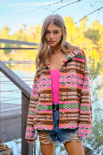 I Heart Western Aztec Jacquard Shacket in Hot Pink Pine
