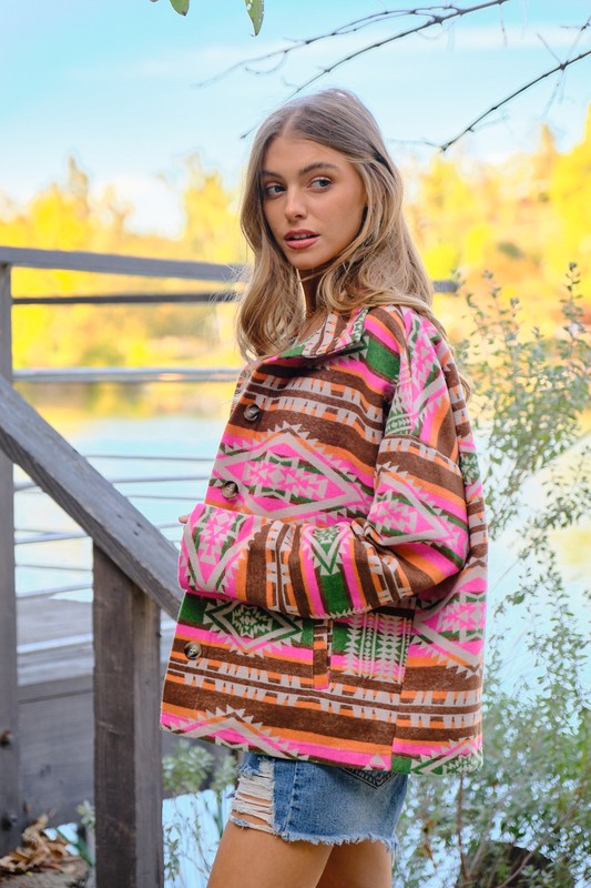 I Heart Western Aztec Jacquard Shacket in Hot Pink Pine