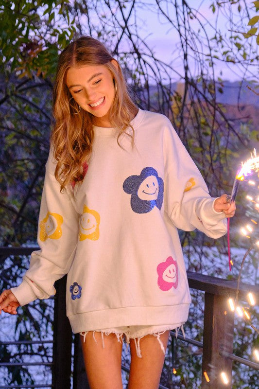 Happy Days French Terry Sequin Pullover Sweatshirt in White