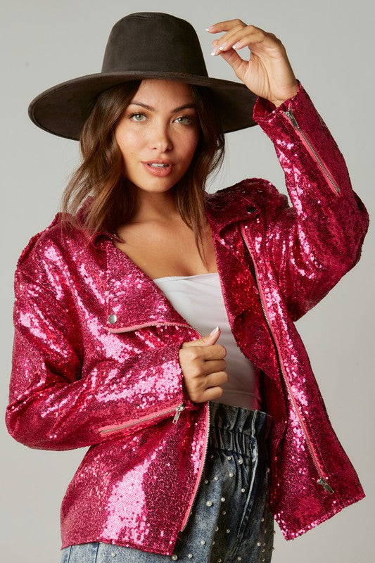 Make Way for Sequin Moto Jacket in Fuchsia