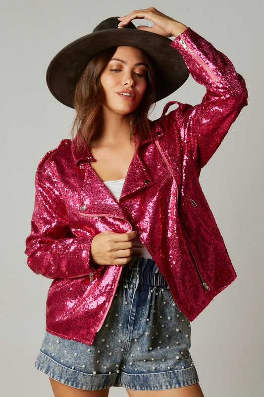 Make Way for Sequin Moto Jacket in Fuchsia
