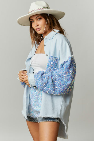 Blueberry Cloud Oversized Twill and Sequin Shacket in Baby Blue