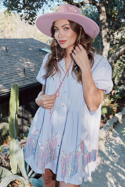 Call Me Pretty Fringe Chevron Babydoll Dress in Lavender