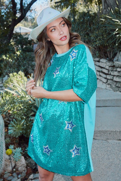 Celestial Star Print Sequin Mini Dress in Turquoise