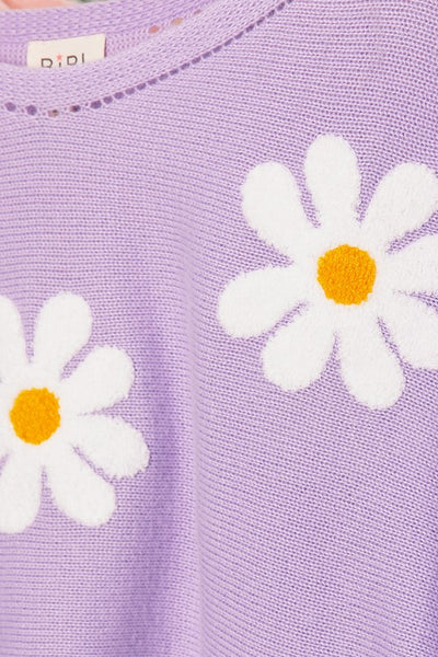 Daisy Daze Floral Embroidery Loose Fit Knit Top in Lavender