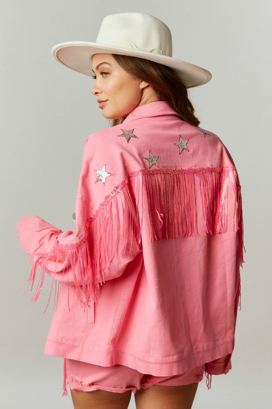 Western Diva Star Sequin Patch Fringe Jacket in Pink