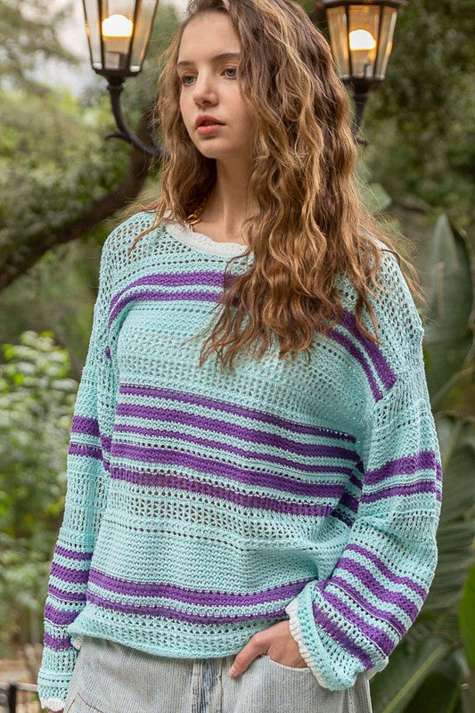 Blueberry Dream Oversized Striped Pullover Thin Sweater in Sky Blue