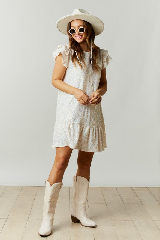 Angels Hour Fringed Sequin Mini Dress in White