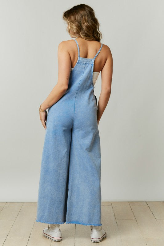 Just A Normal Girl Washed Denim Jumpsuit in Blue