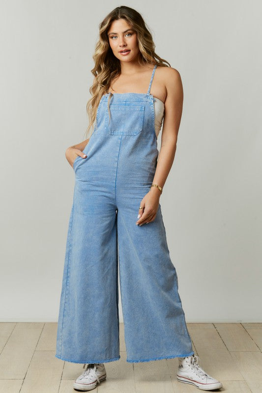 Just A Normal Girl Washed Denim Jumpsuit in Blue