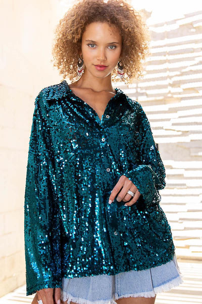 Dance With Me Sequin Button Up in Teal Green