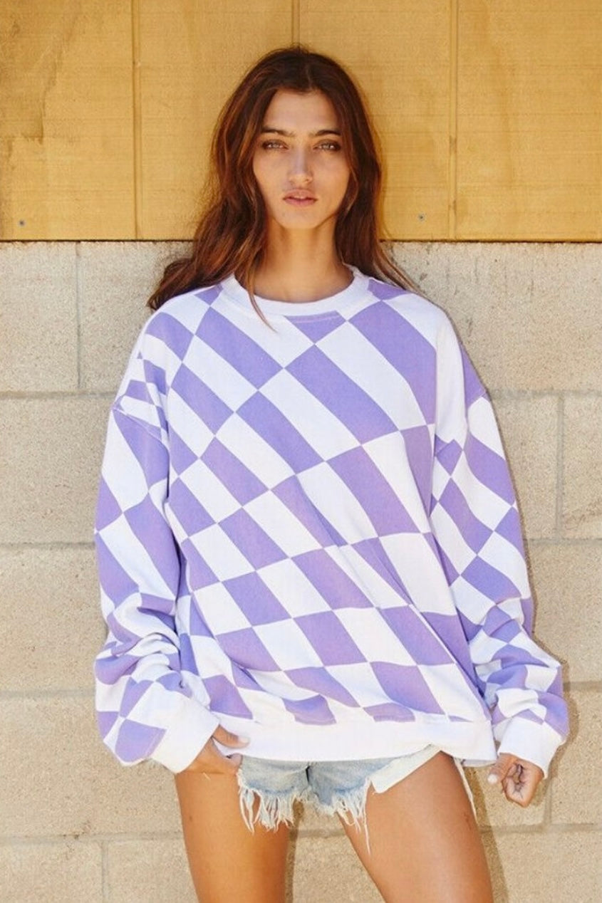 Lavender and White Checkered Sweatshirt