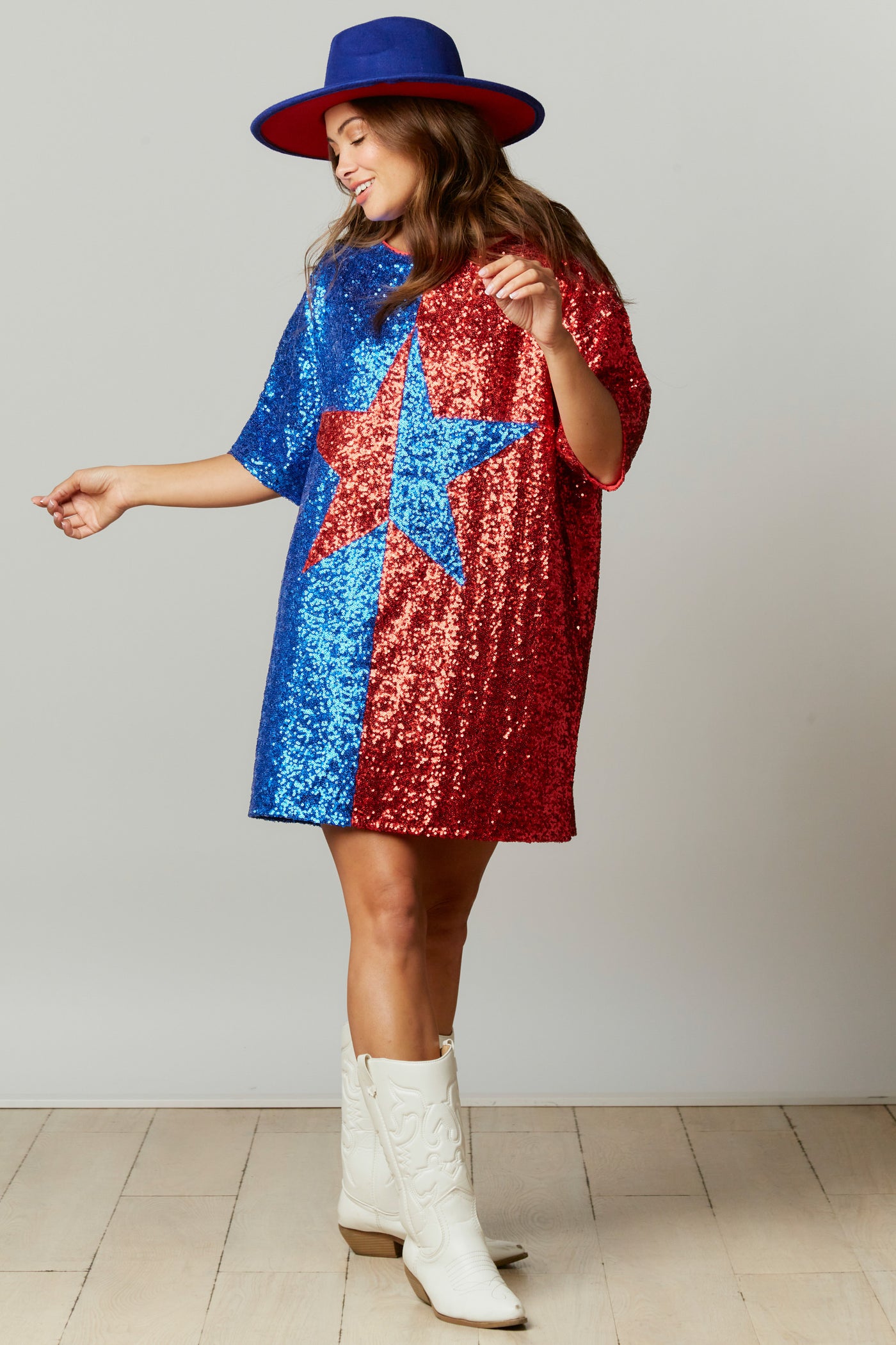 Big Reputation Color Block Sequin Star Dress in Red/Blue