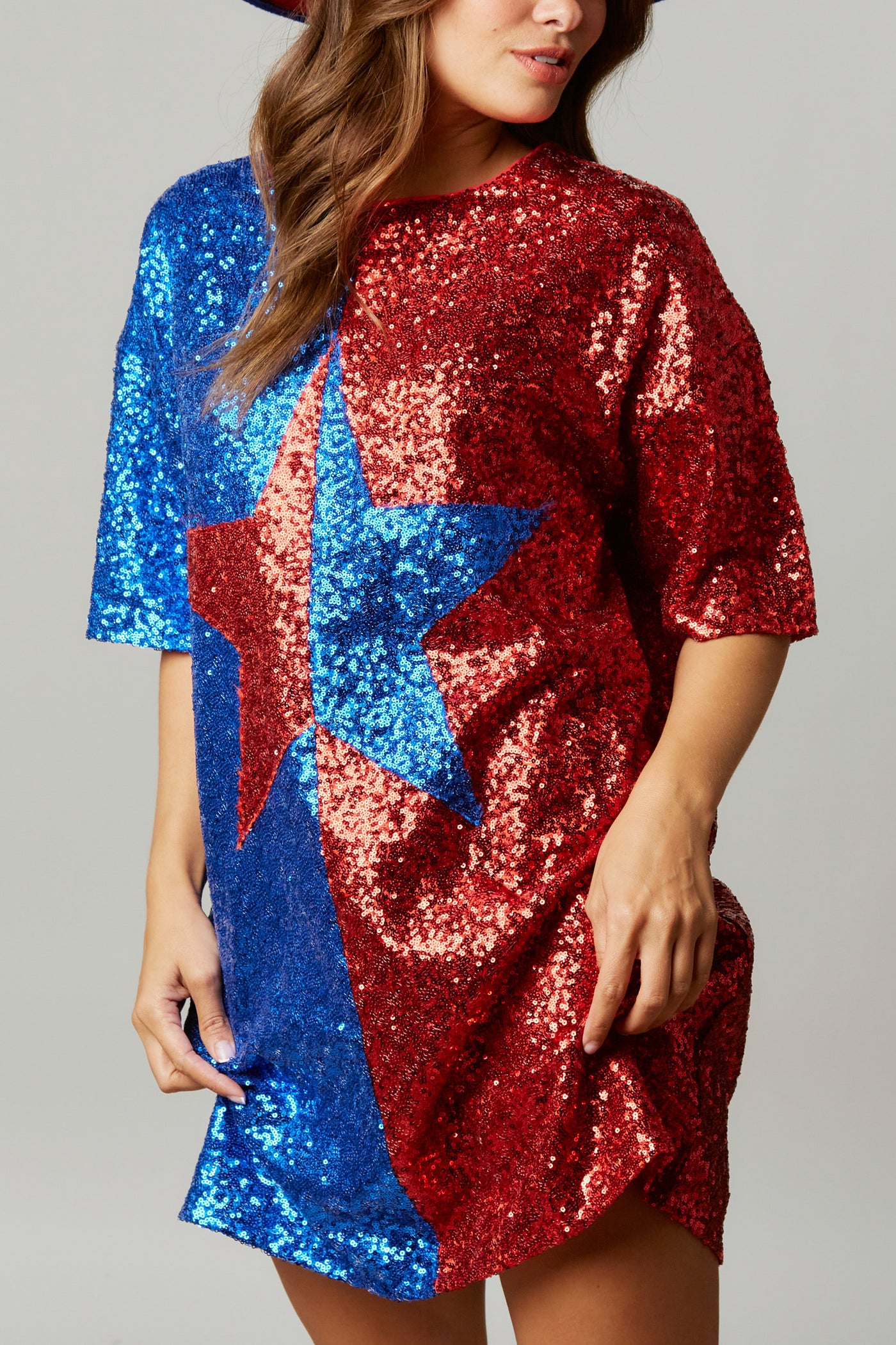 Big Reputation Color Block Sequin Star Dress in Red/Blue