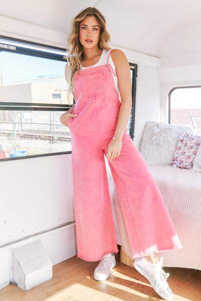 Just A Normal Girl Washed Denim Jumpsuit in Pink