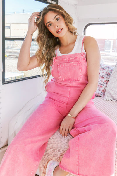 Just A Normal Girl Washed Denim Jumpsuit in Pink