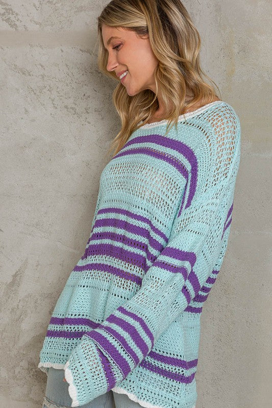 Blueberry Dream Oversized Striped Pullover Thin Sweater in Sky Blue