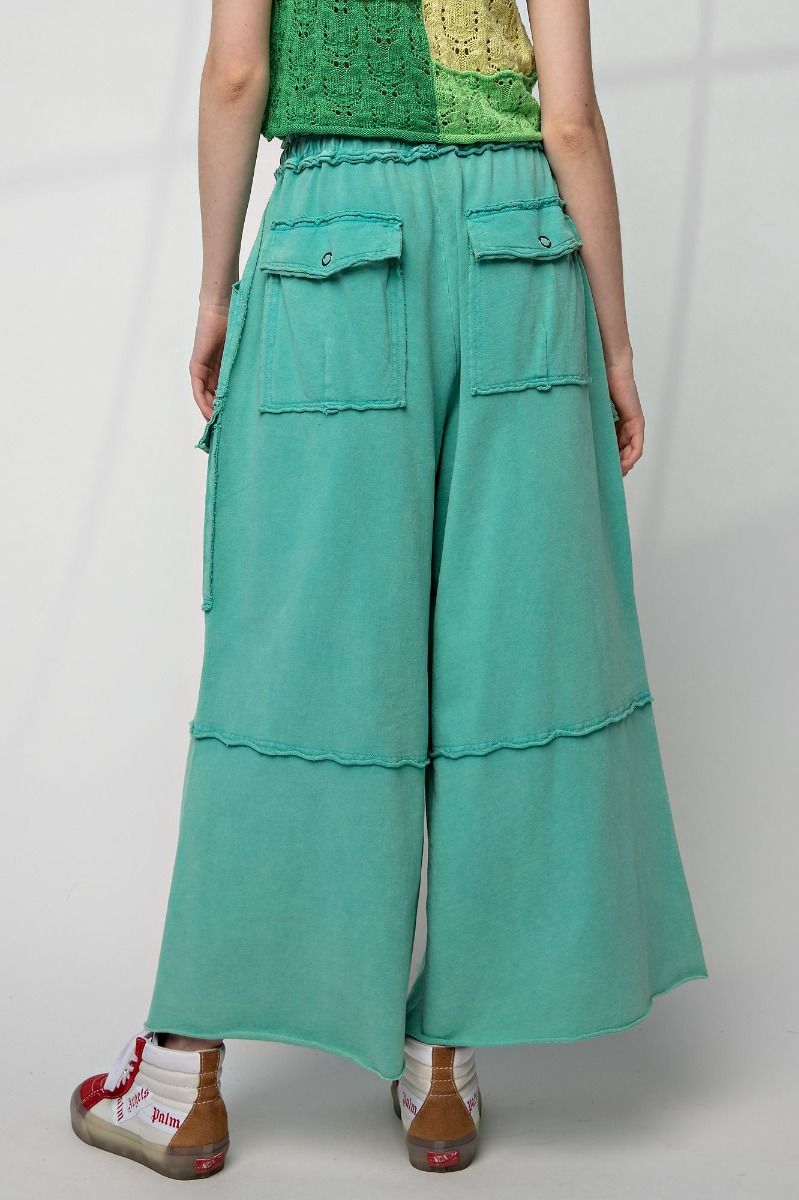 Netflix and Chill Mineral Washed Wide Leg Cargo Pants in Atlantis Green