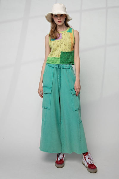 Netflix and Chill Mineral Washed Wide Leg Cargo Pants in Atlantis Green