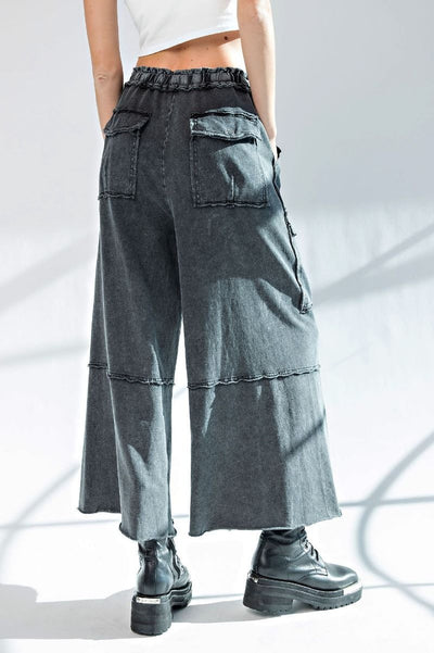 Netflix and Chill Mineral Washed Wide Leg Cargo Pants in Black
