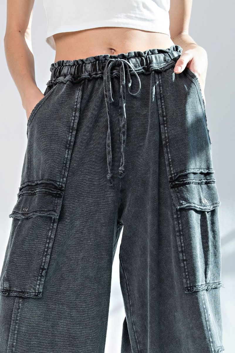 Netflix and Chill Mineral Washed Wide Leg Cargo Pants in Black