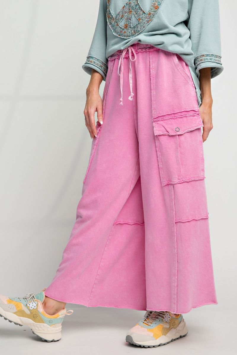 Netflix and Chill Mineral Washed Wide Leg Cargo Pants in Bubble Gum
