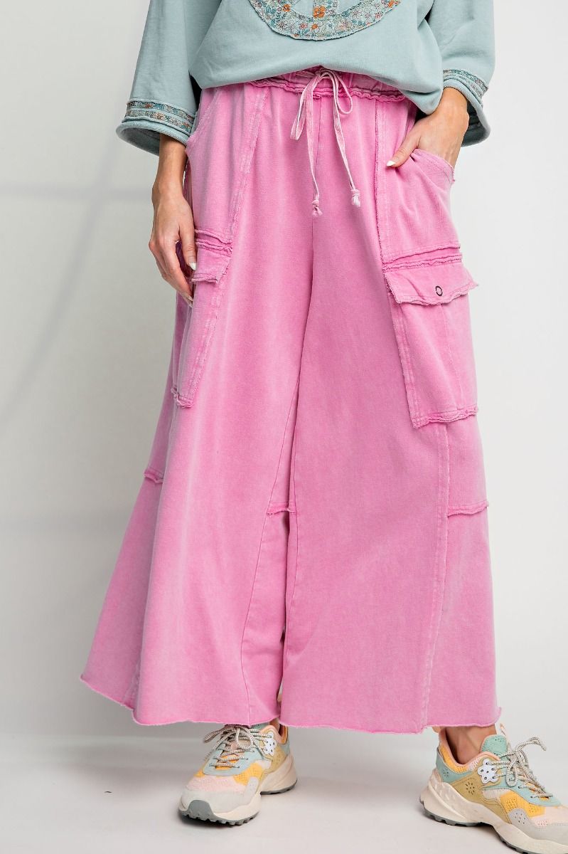 Netflix and Chill Mineral Washed Wide Leg Cargo Pants in Bubble Gum