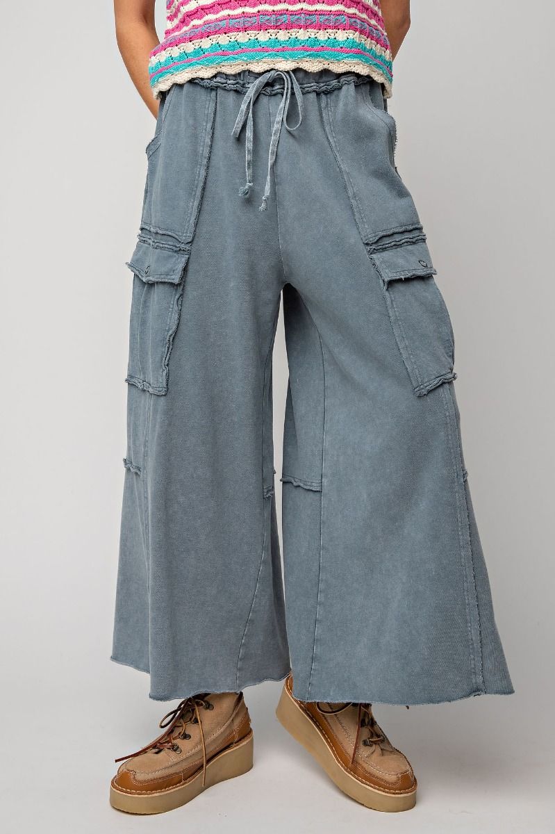 Netflix and Chill Mineral Washed Wide Leg Cargo Pants in Faded Navy