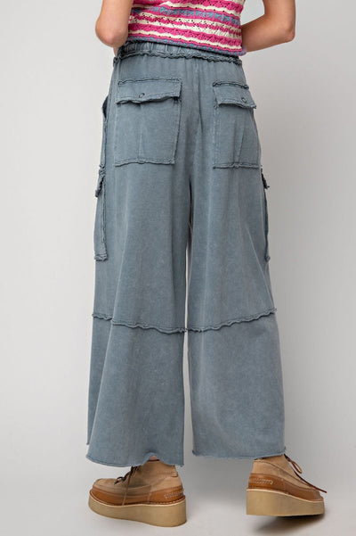 Netflix and Chill Mineral Washed Wide Leg Cargo Pants in Faded Navy