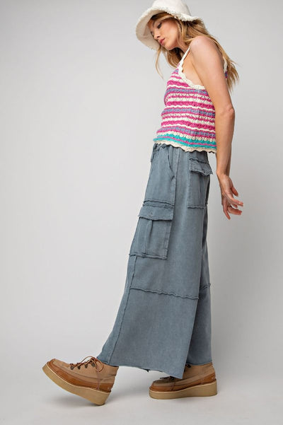 Netflix and Chill Mineral Washed Wide Leg Cargo Pants in Faded Navy