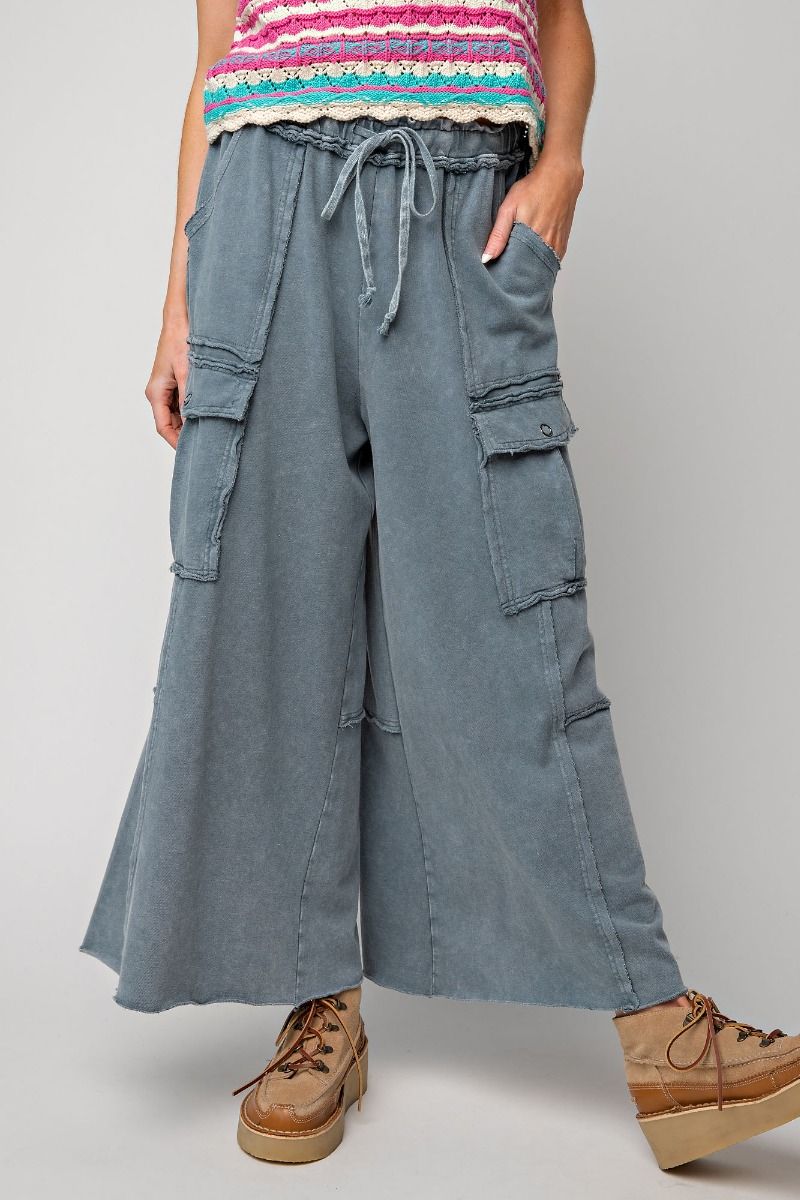 Netflix and Chill Mineral Washed Wide Leg Cargo Pants in Faded Navy
