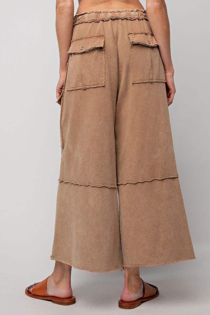 Netflix and Chill Mineral Washed Wide Leg Cargo Pants in Latte