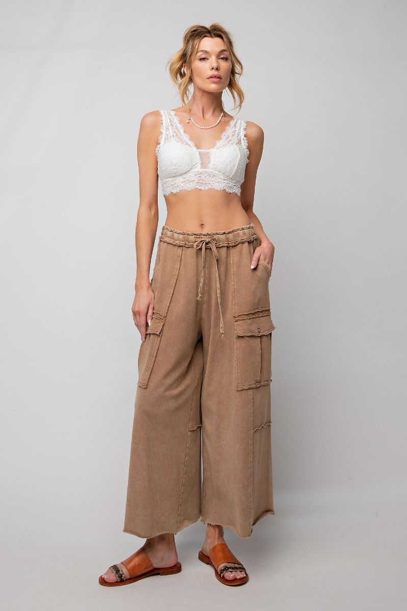 Netflix and Chill Mineral Washed Wide Leg Cargo Pants in Latte