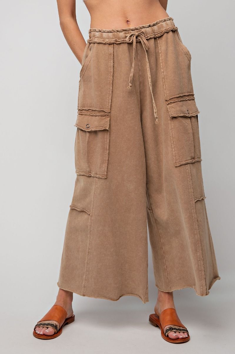 Netflix and Chill Mineral Washed Wide Leg Cargo Pants in Latte