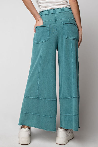 Lazy Days Mineral Washed Wide Leg Pants in Teal Green