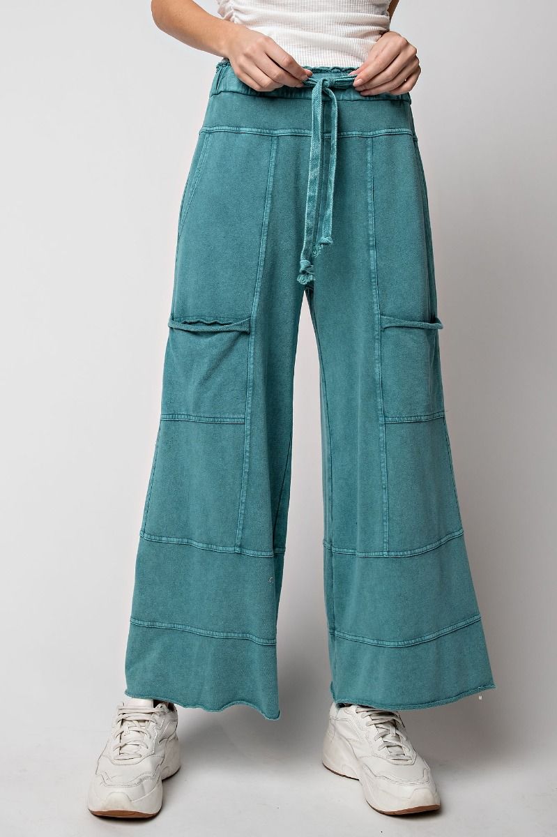 Lazy Days Mineral Washed Wide Leg Pants in Teal Green