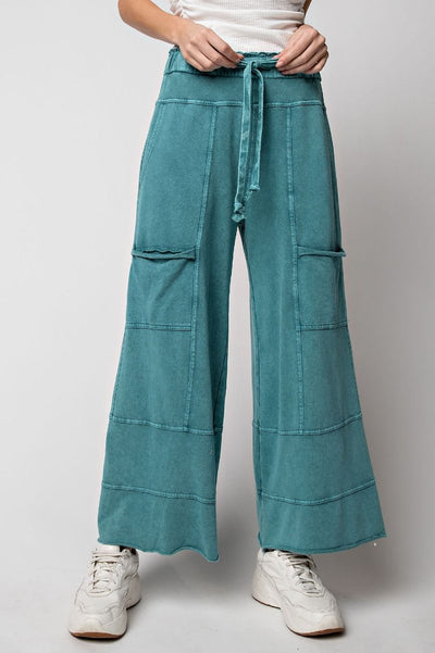 Lazy Days Mineral Washed Wide Leg Pants in Teal Green