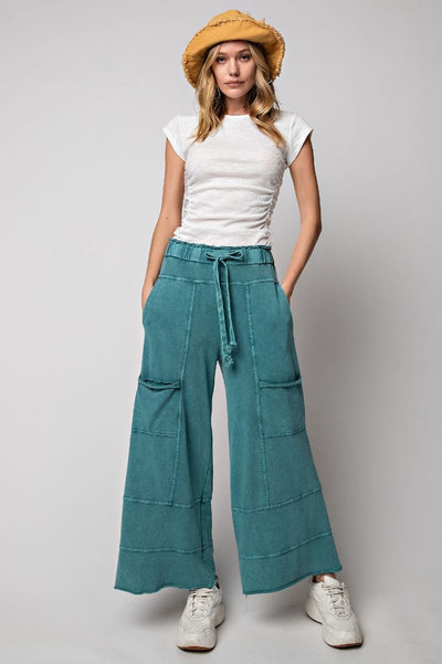 Lazy Days Mineral Washed Wide Leg Pants in Teal Green