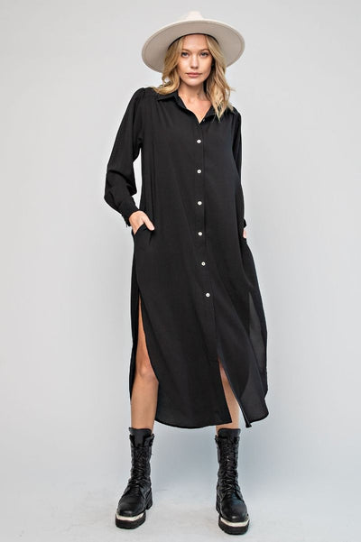 Found My Forever Button Down Wool Dobby Dress in Black
