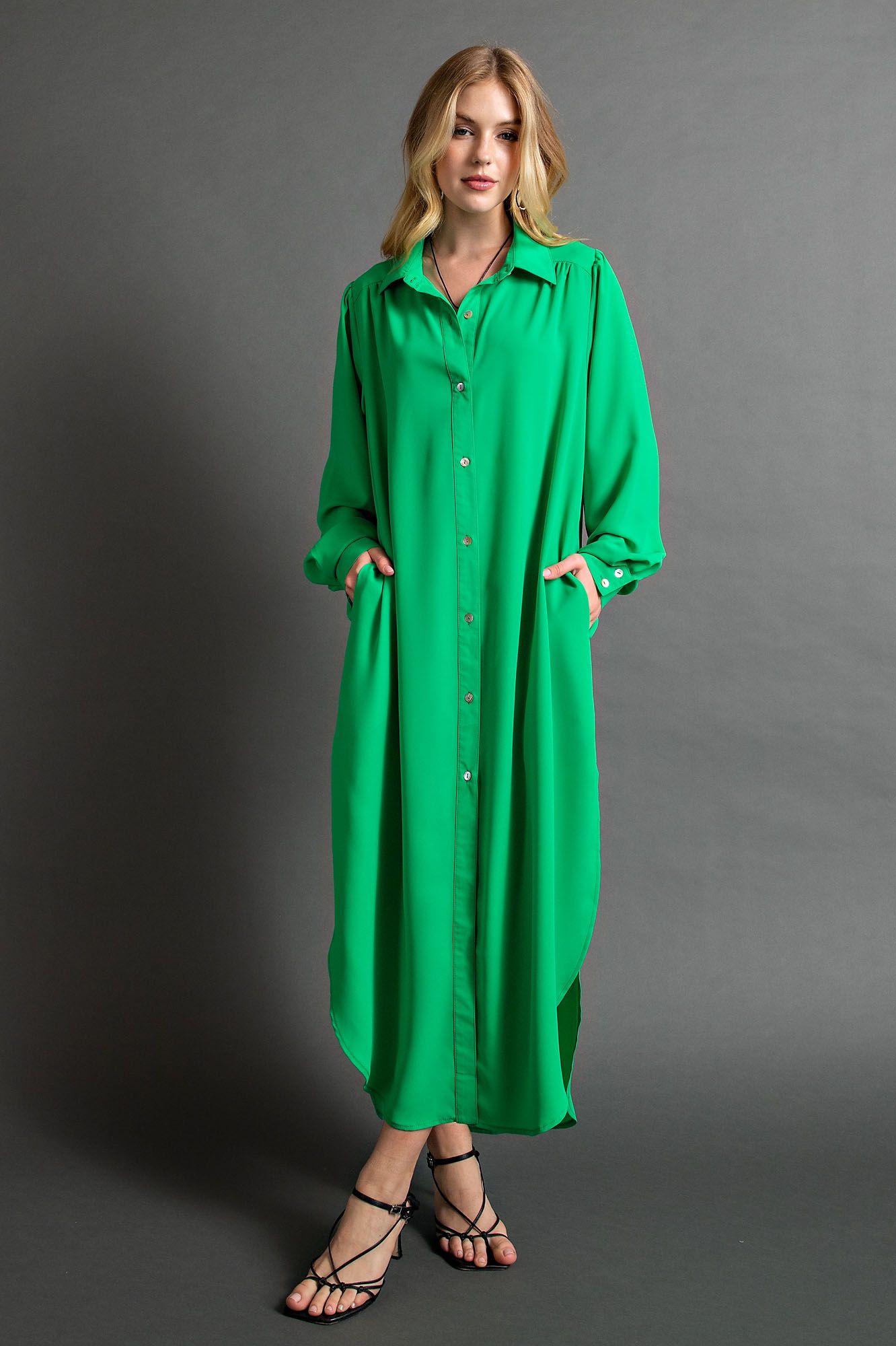 Found My Forever Button Down Wool Dobby Dress in Kelly Green